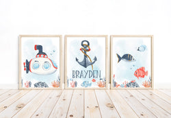Personalized Watercolor Nautical Ocean Nursery Set of 3 Unframed Prints, Under the Sea Gender Neutral Art