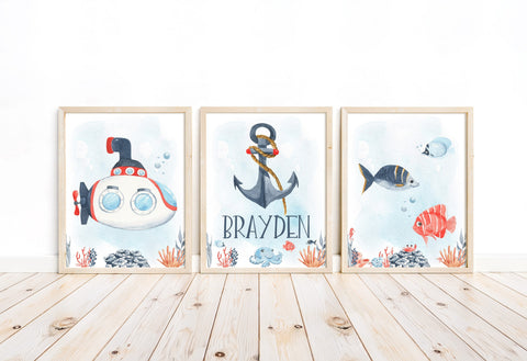 Personalized Watercolor Nautical Ocean Nursery Set of 3 Unframed Prints, Under the Sea Gender Neutral Art