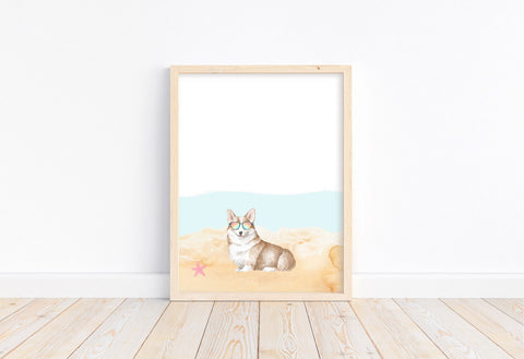 Corgi Puppy Dog at Beach Watercolor Dog Unframed Print, Nursery Decor, Kid's Bedroom, Laundry Room or Dog Lover