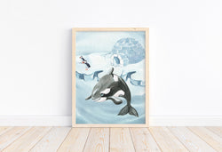 Watercolor Orca Killer Whale and Puffin Arctic Animal Nursery Unframed Print