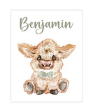 Personalized Watercolor Highland Cow Rustic Farmhouse Baby Boy Nursery Unframed Print - Baby Name Letter Initial Monogram