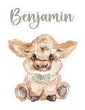 Personalized Watercolor Highland Cow Rustic Farmhouse Baby Boy Nursery Unframed Print - Baby Name Letter Initial Monogram
