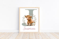 Personalized Watercolor Highland Cow Rustic Cotton Farmhouse Nursery Unframed Print Baby Name Letter Initial Monogram