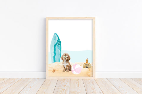 Cavapoo Puppy Dog at Beach Watercolor Dog Illustration Unframed Print, Nursery Decor, Kid's Bedroom, Laundry Room or Dog Lover