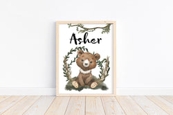 Personalized Watercolor Woodland Forest Bear Woody Rustic Country Nursery Decor Unframed Print - Baby Name Letter Initial Monogram