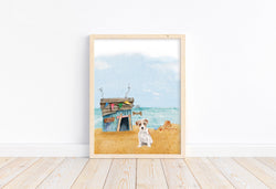 Jack Russell Terrier Puppy Dog at Beach Watercolor Dog Illustration Unframed Print, Nursery Decor, Kid's Bedroom, Laundry Room or Dog Lover