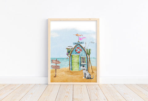 Puppy Dog and Cat at Beach Watercolor Dog Illustration Unframed Print, Nursery Decor, Kid's Bedroom, Laundry Room or Dog Lover