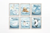 Watercolor Polar Arctic Animals Nursery Decor Set of 6 Unframed Prints Polar Bear, Narwhal, Walrus, Penguin, Orca, Beluga Whale
