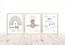 Bear Airplane Nursery Decor Set of 3 Unframed Prints Dream Big Oh The Palces You'll Go Aviation Themed Decor