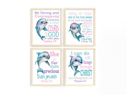 Dolphins Christian Nursery Decor Set of 4 Unframed Prints with Bible Verses