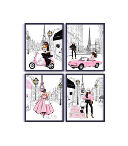 African American Fashion Paris Tween Teen Girl Room Decor Set of 4 Unframed Prints in Pink and Black