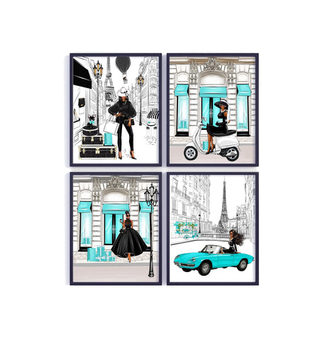 African American Fashion Paris Tween Teen Girl Room Decor Set of 4 Unframed Prints in Teal and Black