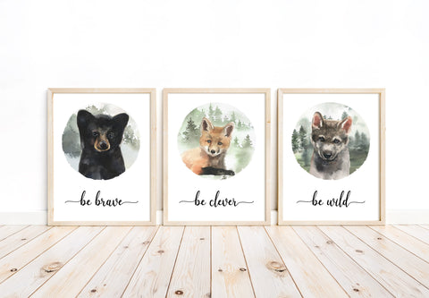 Bear Fox Wolf Woodland Forest Animals Wilderness Watercolor Nursery Decor Set of 3 Unframed Prints Be Brave Be Wild Be Clever