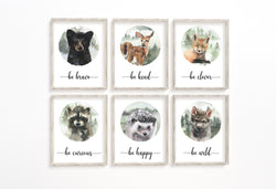 Woodland Forest Animals Wilderness Watercolor Nursery Decor Set of 6 Unframed Prints - Bear, Deer, Fox, Raccoon, Hedgehog and Wolf