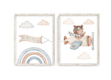 Bear Airplane Nursery Decor Set of 2 Unframed Prints Up Up and Away Aviation Themed Decor