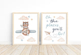 Bear Airplane Nursery Decor Set of 2 Unframed Prints Oh The Places You'll Go Aviation Themed Decor