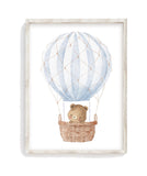 Bear in Blue Hot Air Balloon Watercolor Travel Nursery Decor Unframed Print