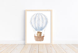 Bear in Blue Hot Air Balloon Watercolor Travel Nursery Decor Unframed Print