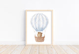 Bear in Blue Hot Air Balloon Watercolor Travel Nursery Decor Unframed Print