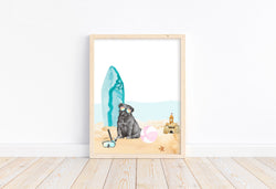 Black Pug Puppy Dog at Beach Watercolor Dog Illustration Unframed Print, Nursery Decor, Kid's Bedroom, Laundry Room or Dog Lover