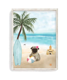 Pug Puppy Girl Dog at Beach Watercolor Dog Illustration Unframed Print, Nursery Decor, Kid's Bedroom, Laundry Room or Dog Lover