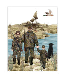 Watercolor Father and Sons Duck Hunting with Black Lab Puppy Dog Nursery Little Boys Room Unframed Print, Rustic Outdoor Themed Decor