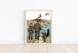 Watercolor Father and Sons Duck Hunting with Black Lab Puppy Dog Nursery Little Boys Room Unframed Print, Rustic Outdoor Themed Decor