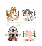 Farm Animal Nursery Little Boys or Girls Room Decor Set of 4 Unframed Prints Pig Cow Horse and Barn