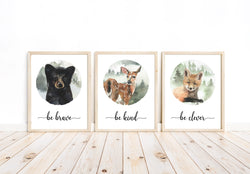 Bear Fox Deer Woodland Forest Animals Wilderness Watercolor Nursery Decor Set of 3 Unframed Prints Be Brave Be Kind Be Clever