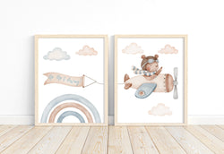 Bear Airplane Nursery Decor Set of 2 Unframed Prints Up Up and Away Aviation Themed Decor