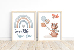 Bear Airplane Nursery Decor Set of 2 Unframed Prints Dream Big Little One Aviation Themed Decor