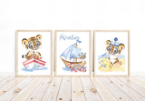 Adventure Awaits Watercolor Sailor Tiger Cubs Nursery Decor Set of 3 Nautical Unframed Prints