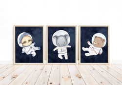 Watercolor Sloth Elephant and Bear Astronaut Outer Space Nursery Decor Set of 3 Unframed Prints
