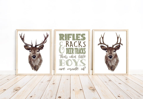 Deer What Little Boys Are Made Of Watercolor Nature Nursery Unframed Set of 3 Prints Rustic Hunting Outdoor Themed Decor