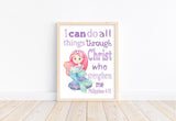 Watercolor Mermaid Christian Nursery Decor Unframed Print I Can Do All Things Through Christ Who Strengthens Me Philippians 4:13