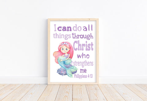Watercolor Mermaid Christian Nursery Decor Unframed Print I Can Do All Things Through Christ Who Strengthens Me Philippians 4:13