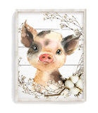 Pig Farm Animal Watercolor Cotton Wreath and Shiplap Rustic Nursery Decor Unframed Print