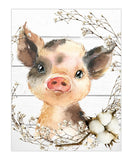Pig Farm Animal Watercolor Cotton Wreath and Shiplap Rustic Nursery Decor Unframed Print