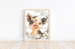 Pig Farm Animal Watercolor Cotton Wreath and Shiplap Rustic Nursery Decor Unframed Print