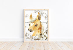 Horse Farm Animal Watercolor Cotton Wreath and Shiplap Rustic Nursery Decor Unframed Print