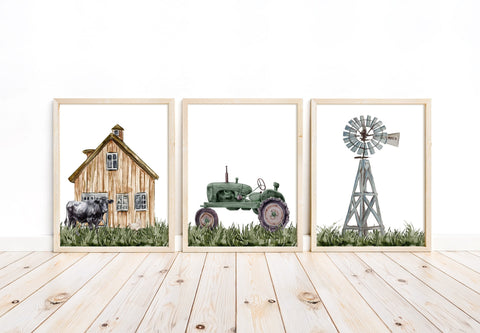 Barnyard Rustic Farm Nursery Decor Set of 3 Unframed Farmhouse Prints Watercolor Barn Green Tractor Windmill