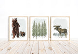 Bear and Moose Woodland Forest Trees Animal Watercolor Wilderness Outdoor Themed Nursery Decor Set of 3 Unframed Prints