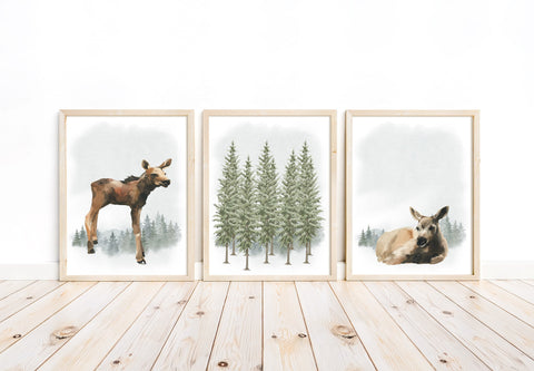Moose Woodland Forest Animal Watercolor Wilderness Nursery Decor Set of 3 Unframed Prints