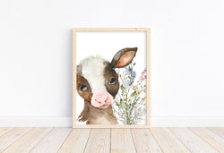Cow Farm Animal Nursery Little Girls Room Wildflower Nursery Decor Unframed Print