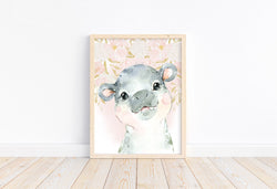 Hippo Safari Animal Nursery Little Girls Room Watercolor Jungle Pink Floral Decor Unframed Print