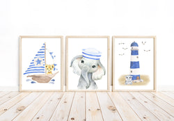 Watercolor Nautical Safari Animals Elephant Hippo and Lion Nursery Decor Set of 3 Unframed Prints Lighthouse, Boat, Sailer