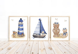 Sailor Bear Watercolor Teddy Bear Nursery Decor Set of 3 Nautical Unframed Prints Sailboat and Lighthouse