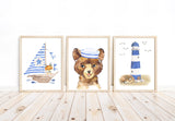 Watercolor Nautical Woodland Animals Bear Deer and Fox Nursery Decor Set of 3 Unframed Prints Lighthouse, Boat, Sailer