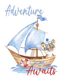 Adventure Awaits Watercolor Sailor Tiger Cubs Nursery Decor Set of 3 Nautical Unframed Prints