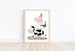 Farm Animal Stack Minimalist Barn Yard Animals Nursery Decor Unframed Print, Cow, Pig, Sheep and Chicken